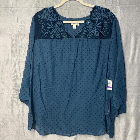 Tops - NWT Style & Co 3/4 Sleeve Swiss Dots Teal Bluei Peasant Boho Sheer Blouse XXL